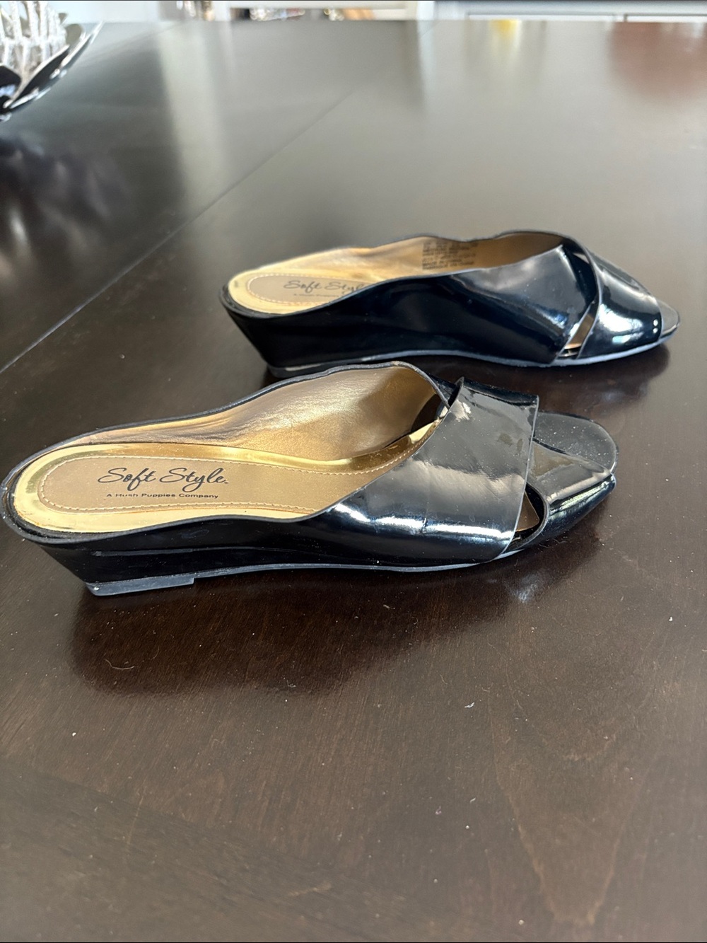 Soft Style Black Patent Open-Toe Slide Mules